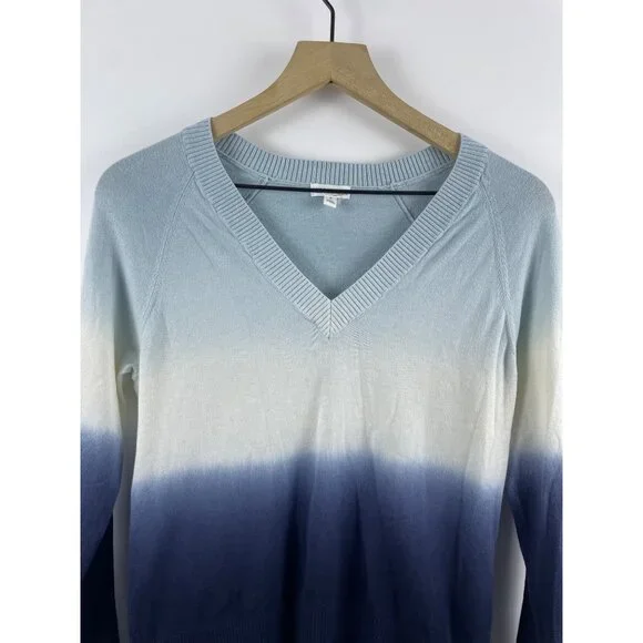 Minnie Rose Women's Small Cashmere Blend Ombre Dip Dye Beachy V-Neck Sweater - Picture 2 of 10